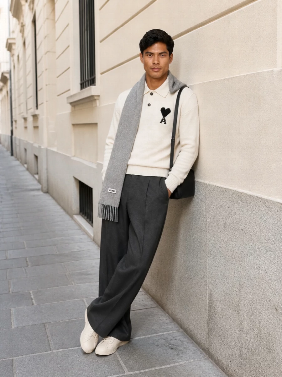 Ami knit polo wide leg trousers outfit