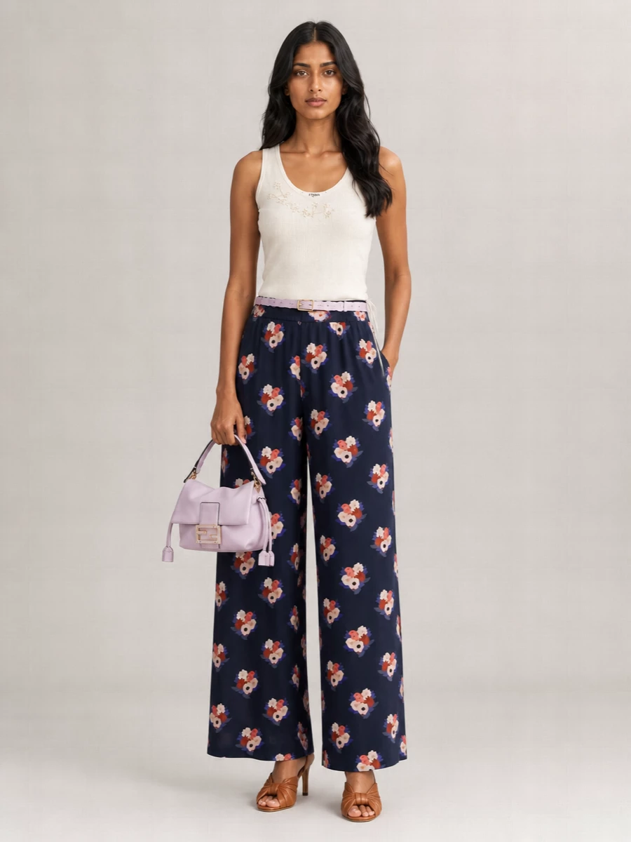 Fendi Silk Printed Wide-Leg Trousers