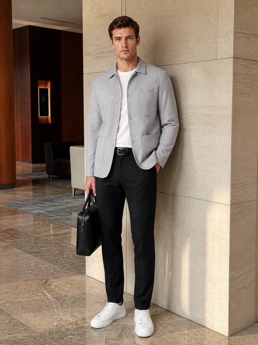 Emporio armani grey suit black trousers sneakers