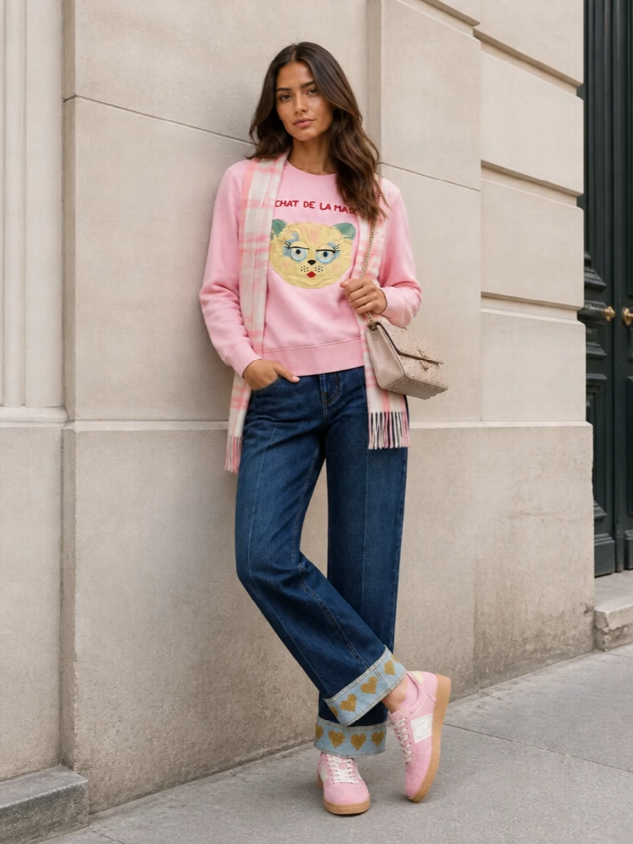This look leans into the sweatshirt’s romantic, whimsical energy by pairing it with Valentino’s heart-hem straight-leg jeans, creating a coordinated story of playful couture details. Powdery pink sneakers and a blush Rockstud shoulder bag echo the soft pastel tones for a polished yet easy off-duty mood, while the pink-checked scarf adds a gentle, cozy layer that keeps the whole outfit charming and winter-ready without feeling fussy.