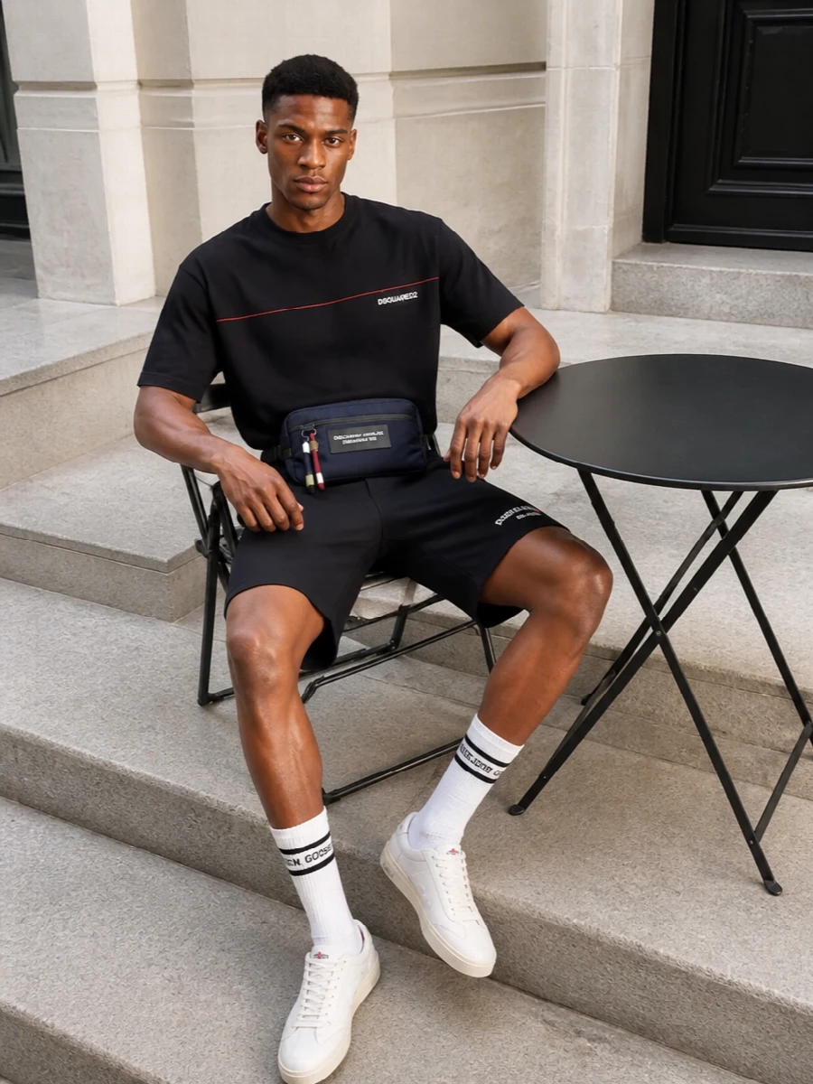 Dsquared2 black logo t shirt outfit shorts