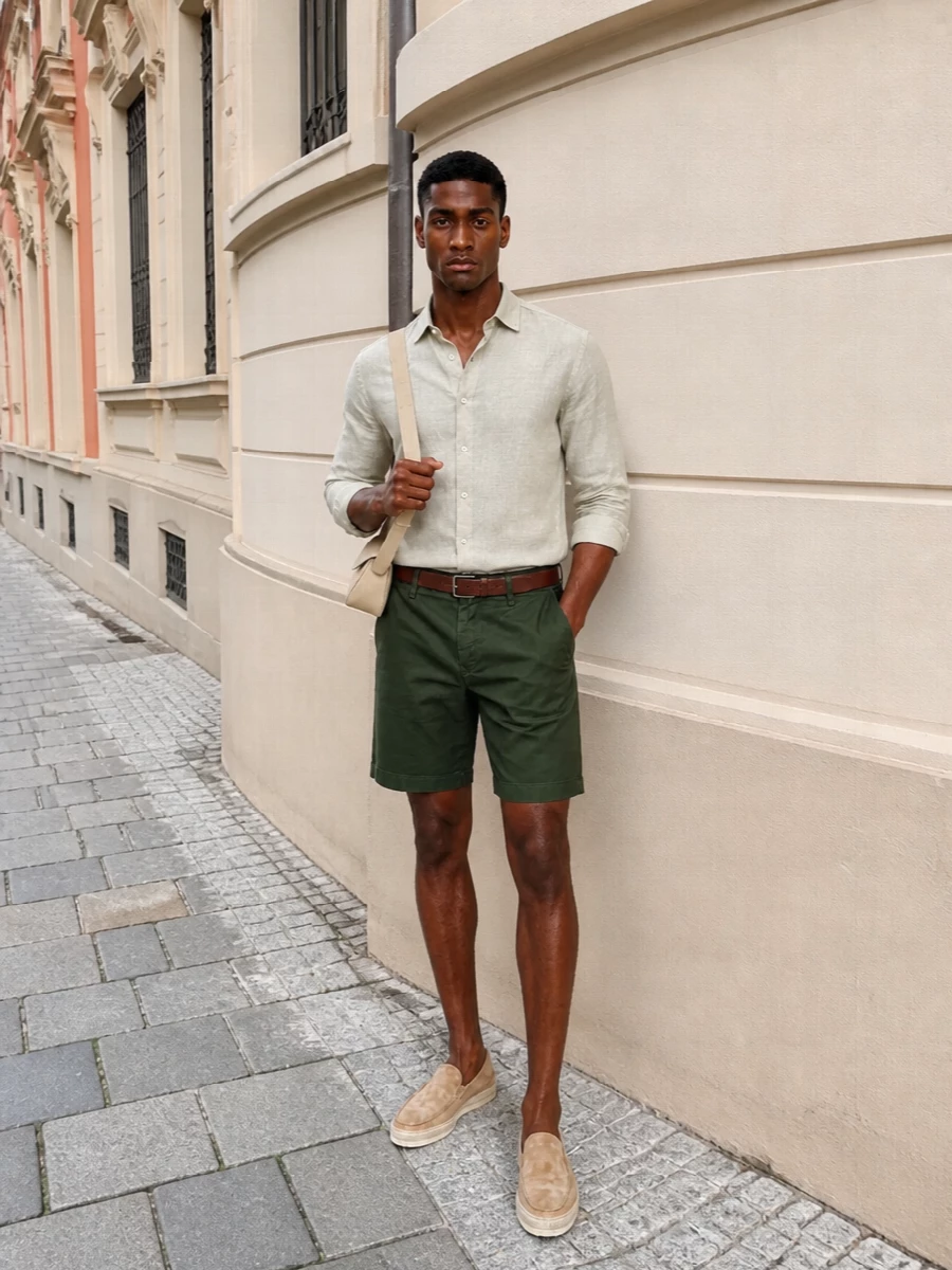 Jacob cohen olive shorts linen shirt espadrilles