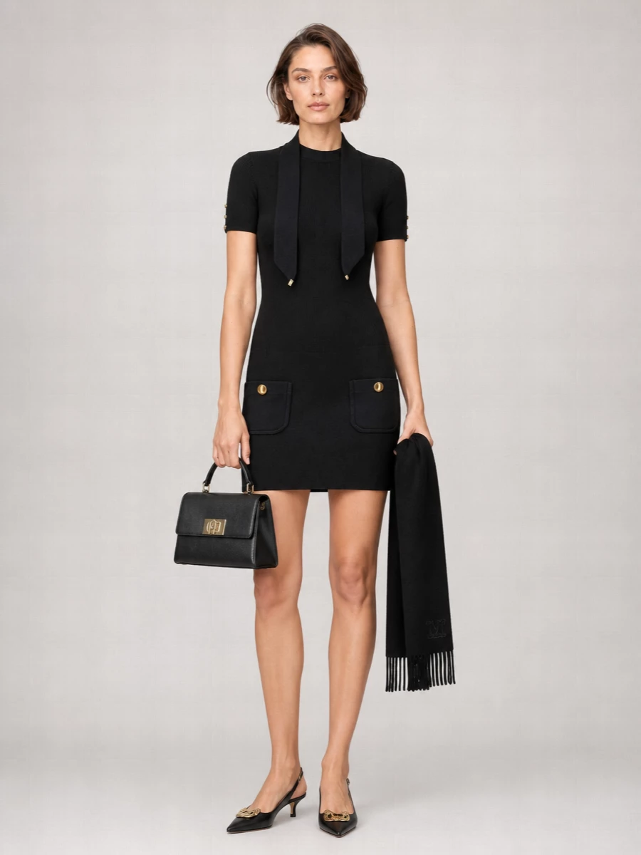 Elisabetta Franchi Ribbed Knit Scarf Mini Dress