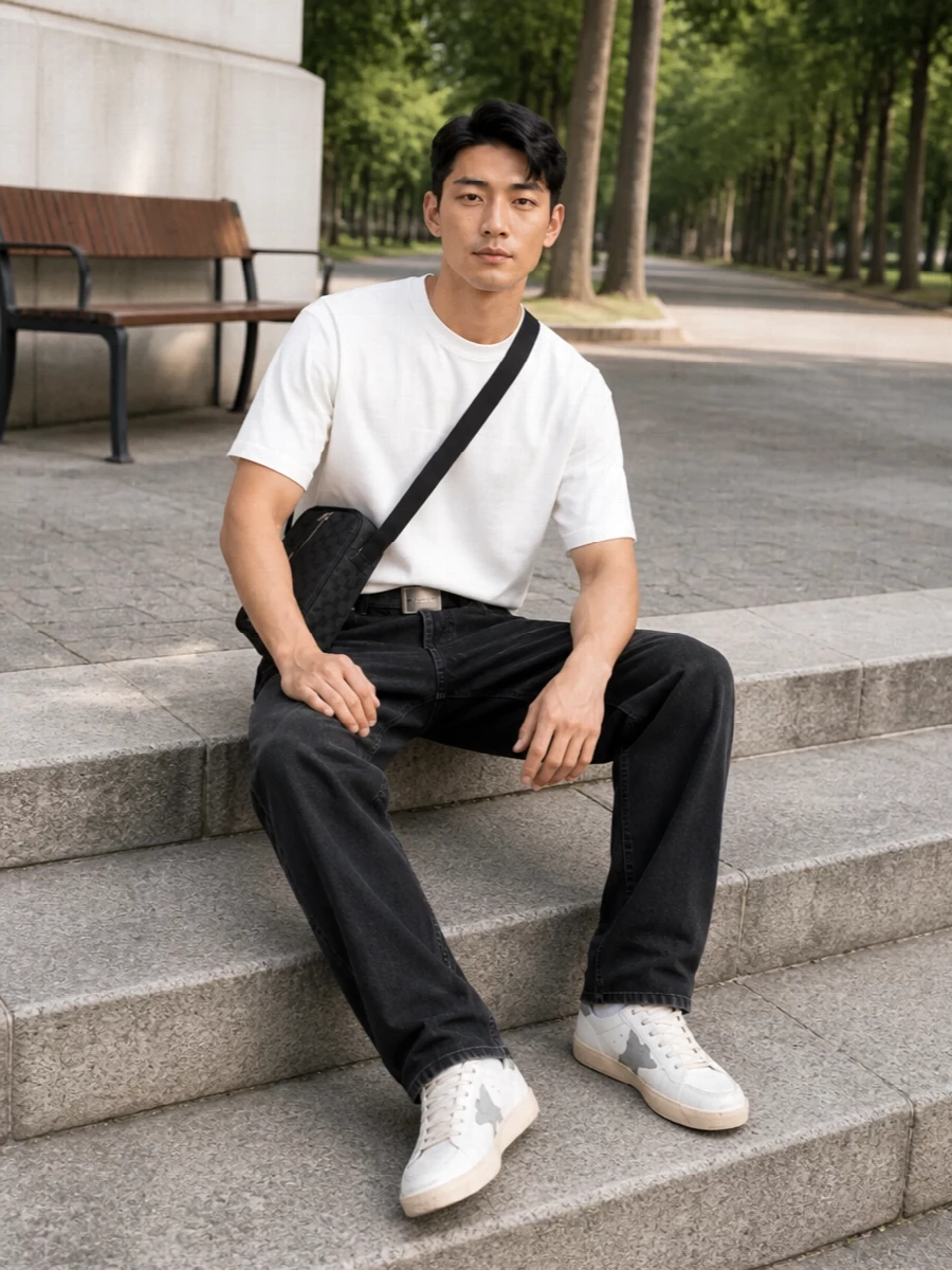 Golden goose black jeans white tee sneakers