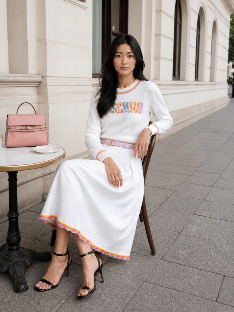 Moschino romantic midi skirt pastel knit outfit
