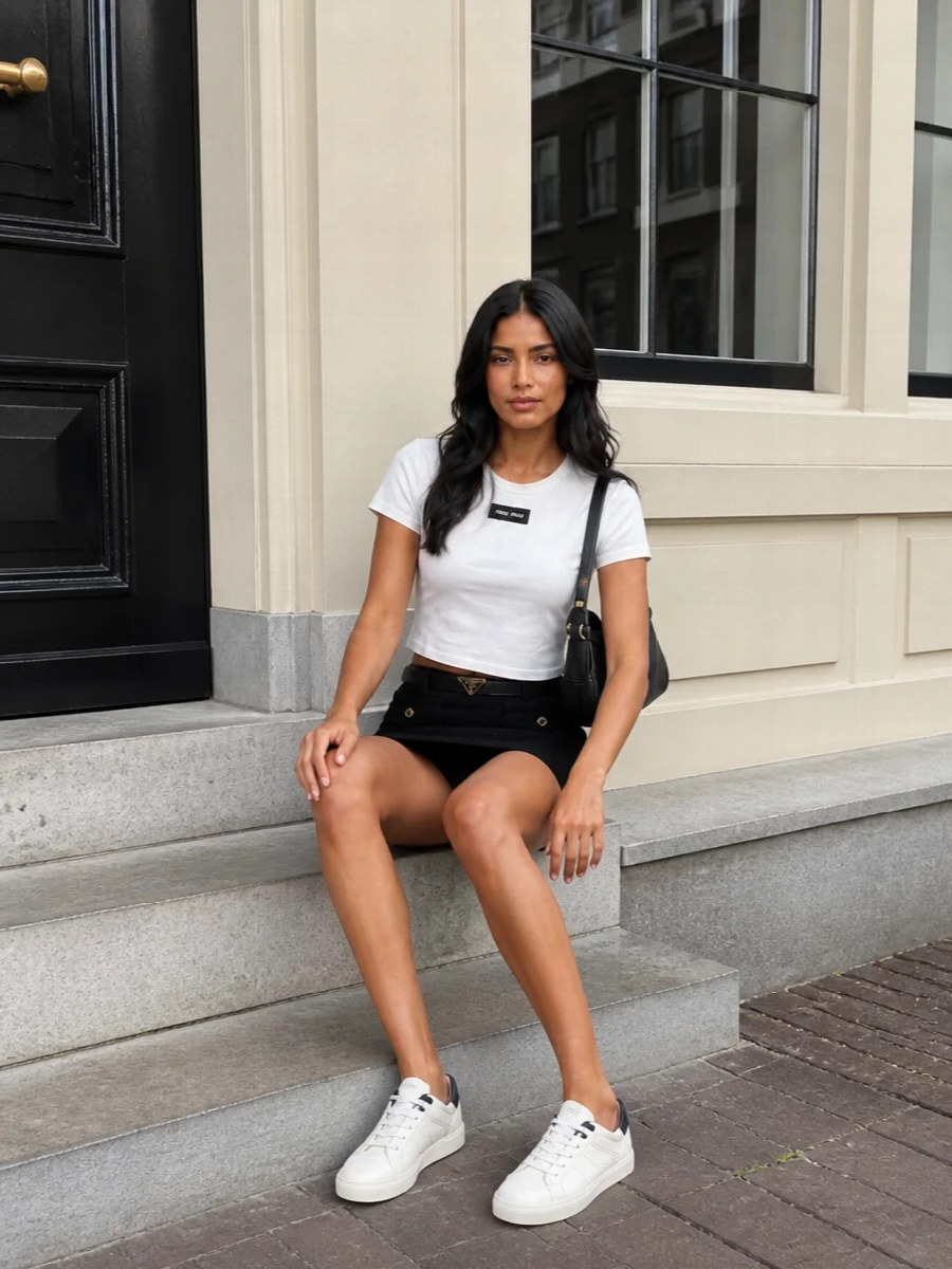Miu miu white cropped tee black mini outfit