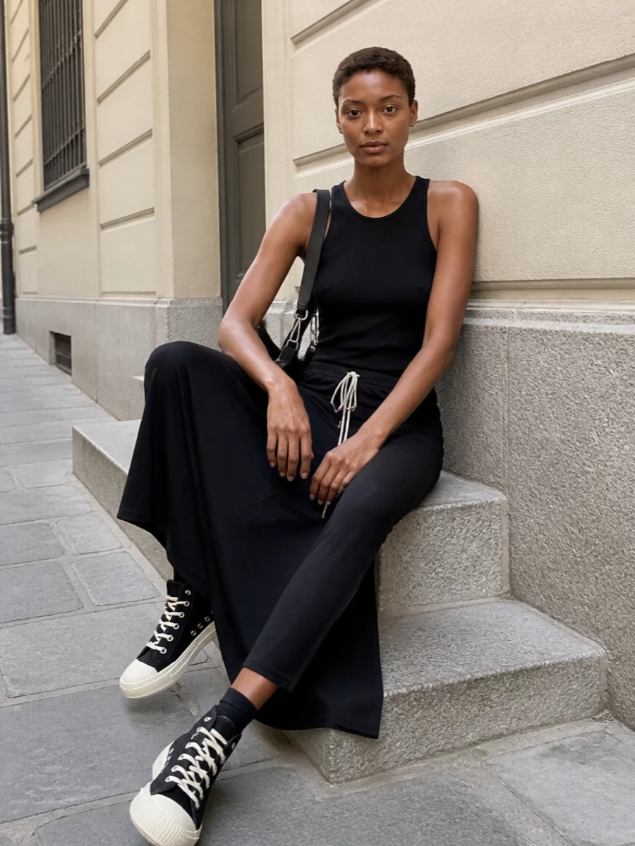 Rick owens black tank ruched maxi outfit
