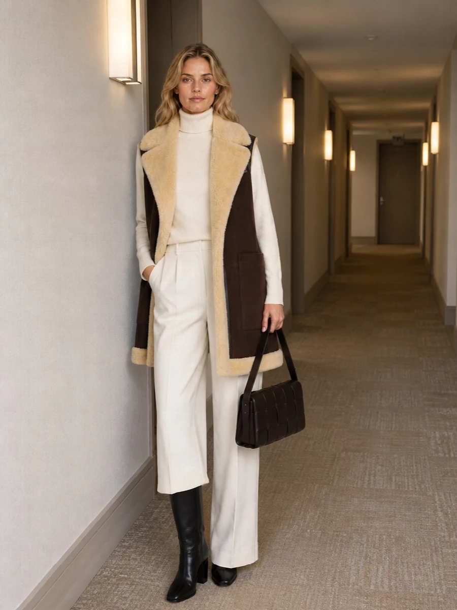 Bottega veneta shearling gilet ivory trousers