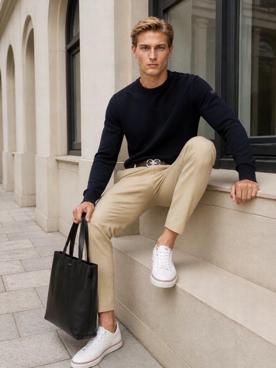 Navy knit and light beige chinos create a quietly polished preppy foundation that feels as at home on a coastal weekend as in the city. Clean white sneakers keep the mood sporty and modern, while a structured black tote and brown leather belt add just enough refinement without disturbing the ease of the silhouette.