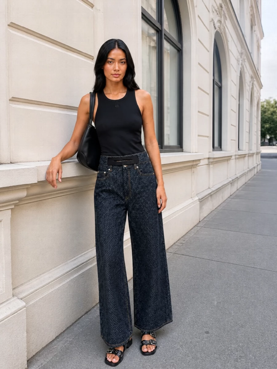 A black ribbed tank meets high-rise dark indigo wide-leg denim for a clean, graphic take on off-duty city dressing. Flat black buckle-strap sandals keep the energy low and grounded, while a slouchy black hobo and slim black belt pull the palette into a sharp, minimal whole. It is Scandi streetwear that reads considered without feeling dressed up.