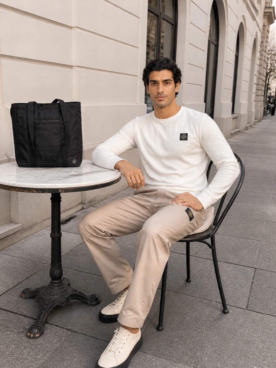 Stone island tee sand trousers neutral sneakers