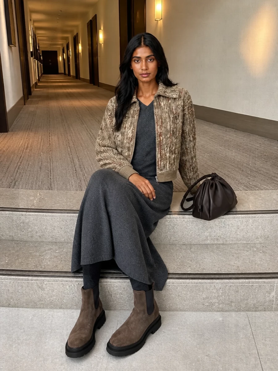 Brunello cucinelli bomber charcoal knit dress outfit