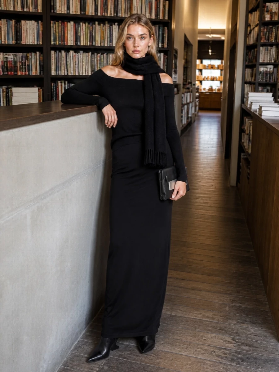 Rick owens black maxi skirt off shoulder knit outfit