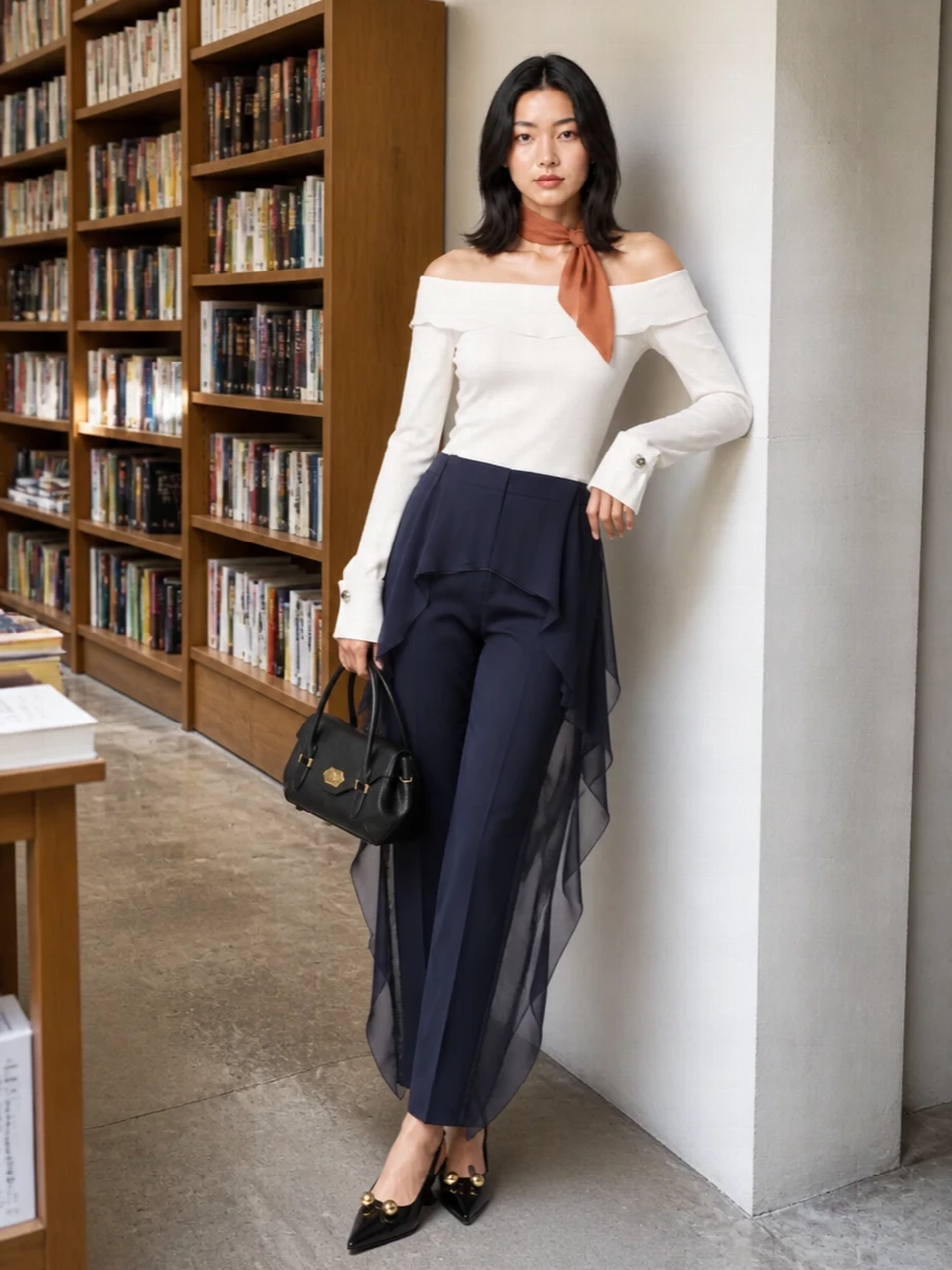 Lanvin off shoulder top sheer navy trouser