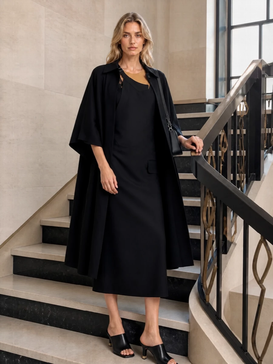 Mm6 cape coat asymmetric black midi dress outfit