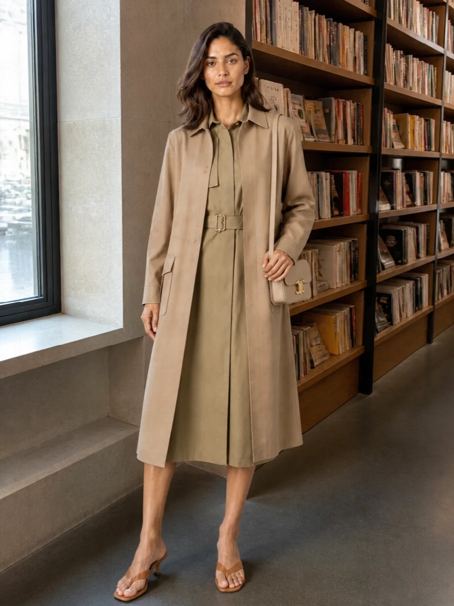 Celine camel coat burberry trench shirt dress outfit