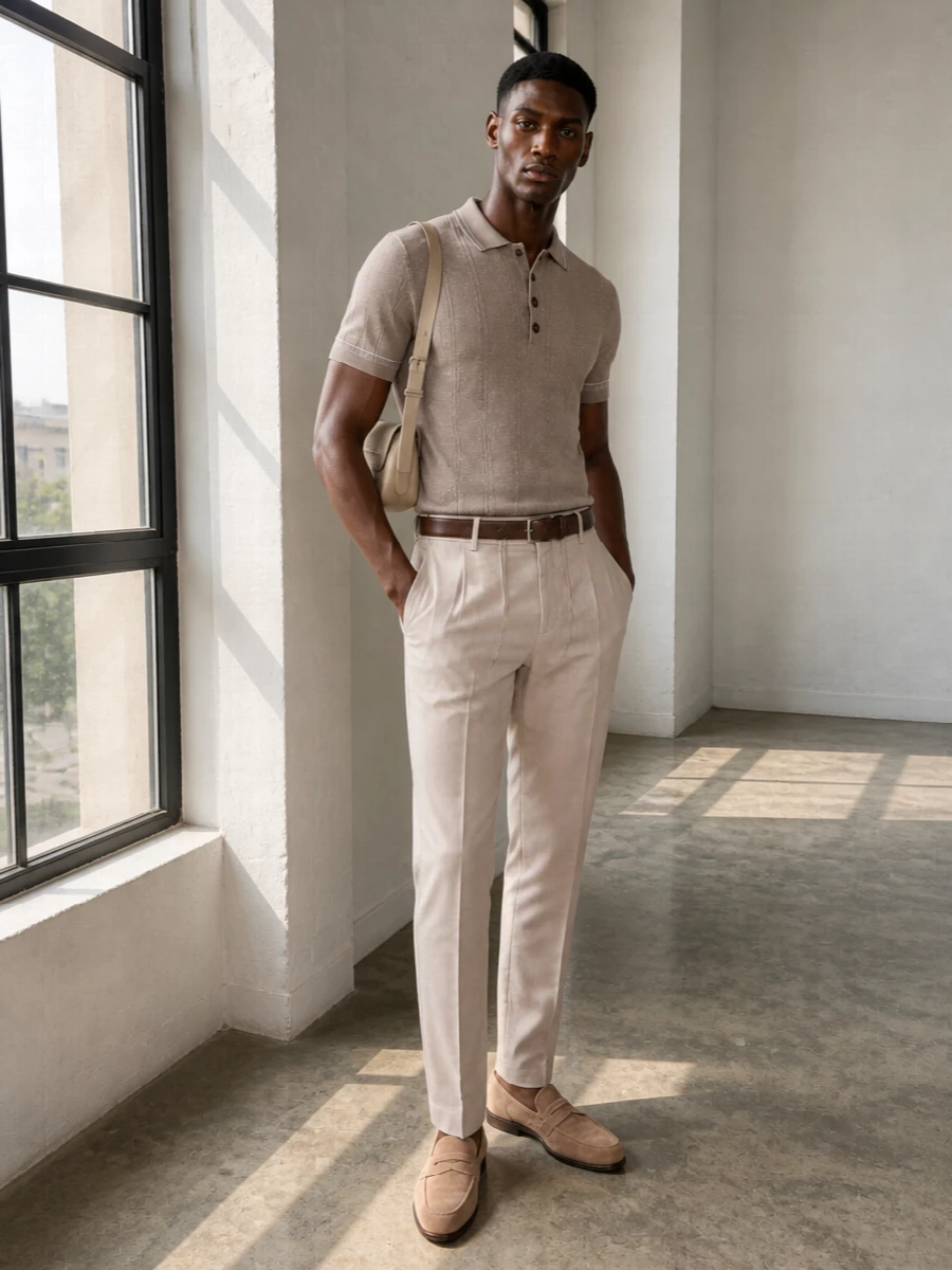 A tonal mix of light beige trousers and a softly textured taupe knit polo creates a calm, refined base in warm neutrals. Sand suede loafers keep the line sleek yet relaxed, while a slim buttercream shoulder bag and dark brown belt add just enough structure and contrast for polished days in the city. The result is quietly luxurious, ideal for warm weather when you want ease without losing precision.