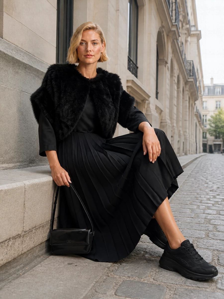 I’m anchoring the shrug with the satin‑contrast pleated Comme des Garçons midi dress rather than separates, so the faux fur reads as a dramatic top layer over a single clean column. The result is dark, sculptural and quietly formal, then grounded with technical black runners and a slick Courrèges shoulder bag for a gallery‑to‑late‑dinner city mood that still feels wearable. Palette, texture and brand tier stay tightly controlled so all the interest comes from silhouette and proportion.