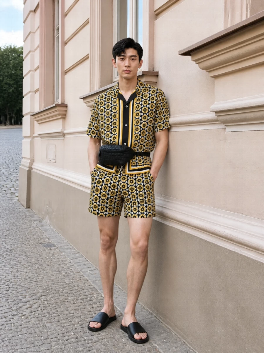 Graphic Valentino swim shorts meet a matching logo camp shirt for a confident, coordinated statement on the terrace or by the pool. Grounded by black slides and a sleek belt bag, it stays sporty and polished while letting the yellow and espresso print do the talking. A discreet logo belt is the final nod to structure without breaking the easy summer attitude.