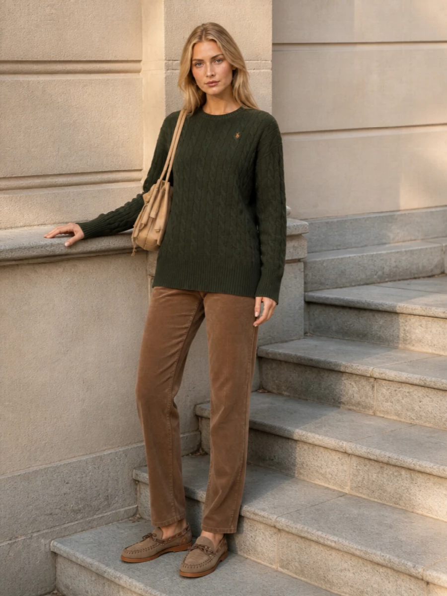 An olive cable sweater meets brown corduroy for a warm, collegiate take on winter neutrals. Taupe moc loafers keep it smart but unfussy, while a camel shoulder bag pulls the palette together for easy city days. The result is relaxed preppy with just enough structure to feel considered from coffee to casual meetings.