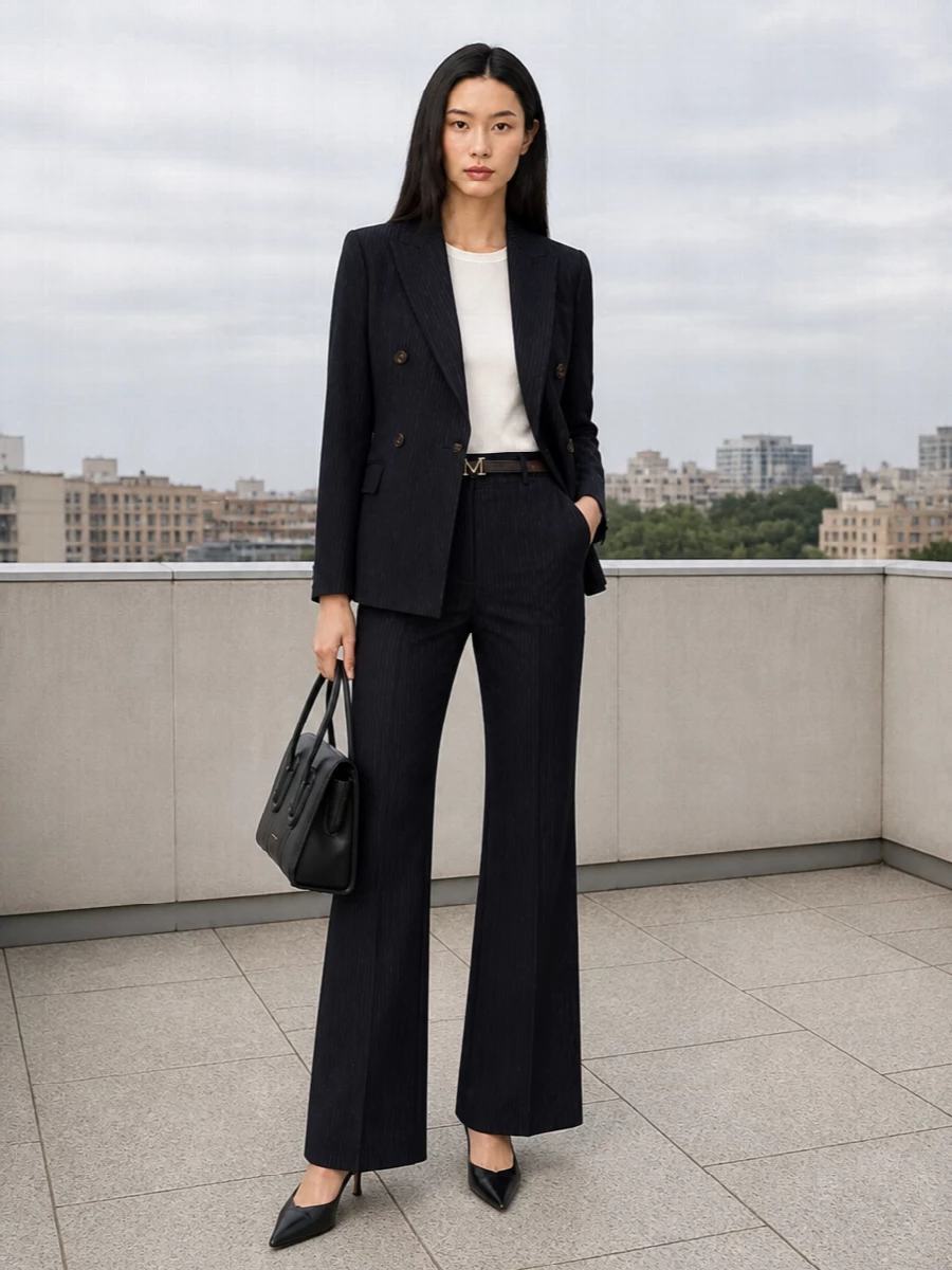 Max mara navy pinstripe suit black slingbacks