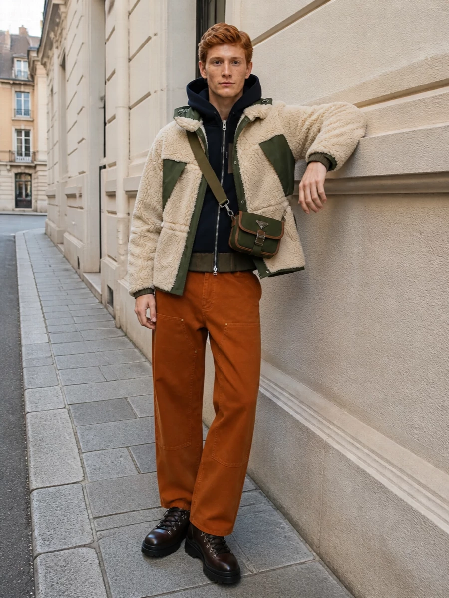 Sacai sherpa jacket prada boots work pants