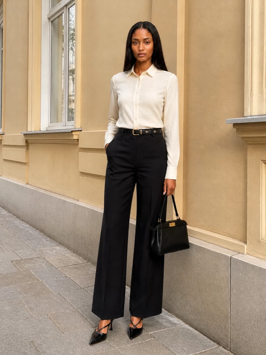 Fendi black wide leg trousers cream shirt