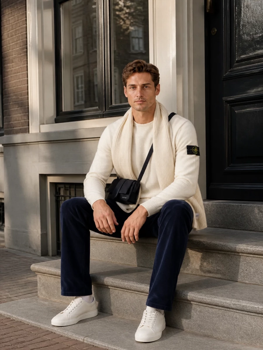 Stone island ivory sweater navy corduroy trousers