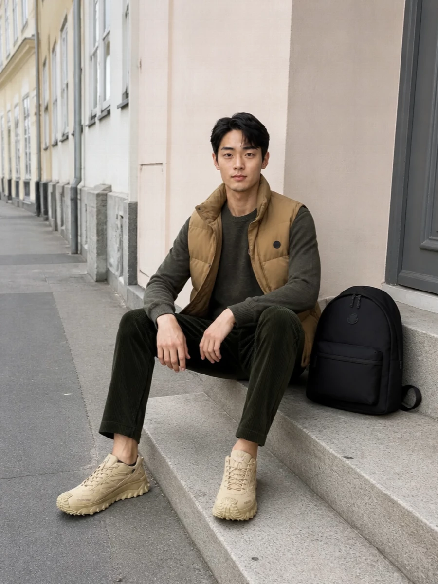 Moncler grenoble camel gilet olive corduroy outfit
