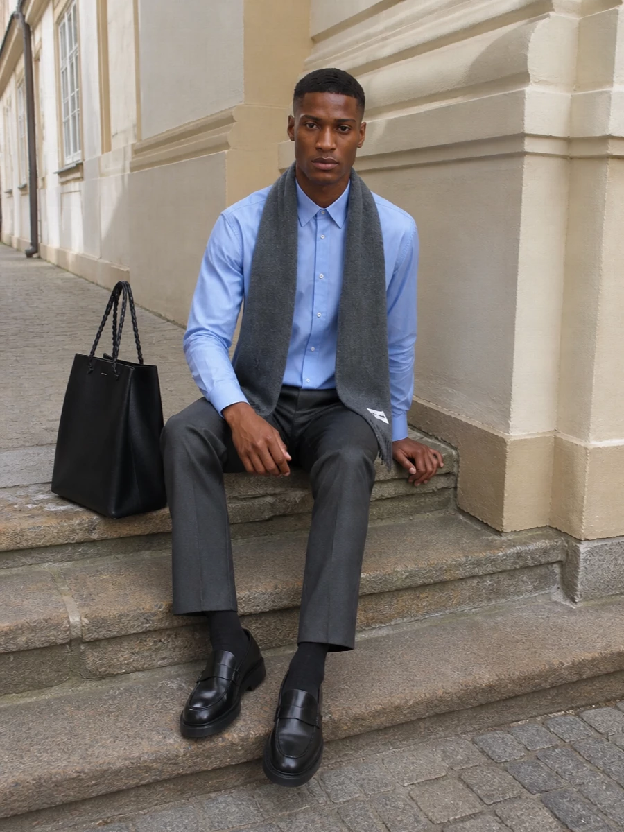 Jil sander blue shirt charcoal trousers outfit