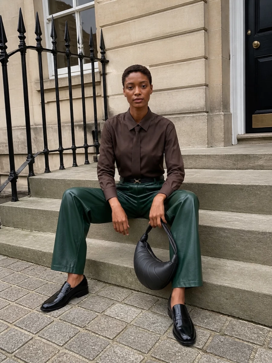 Frankie shop leather trousers tailored shirt outfit