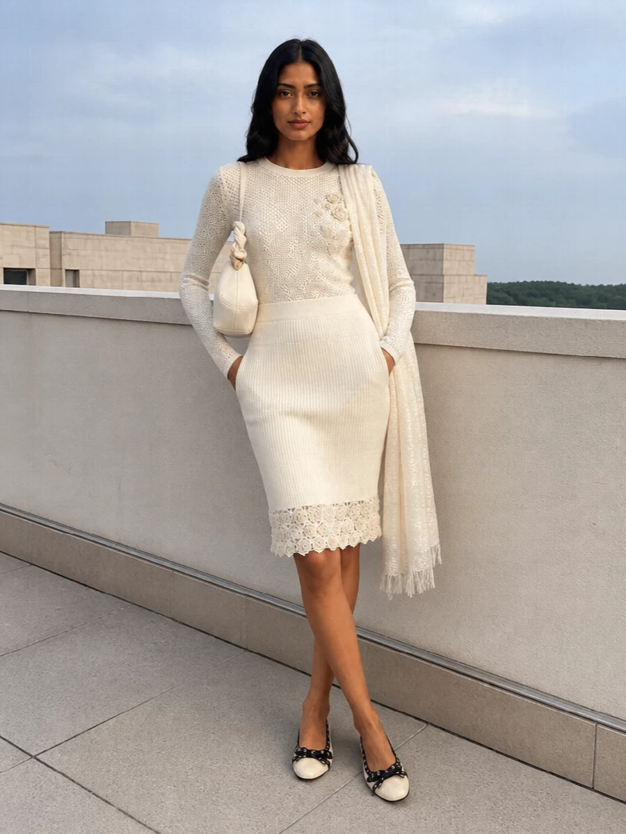 Ganni ivory knit outfit patent ballerinas