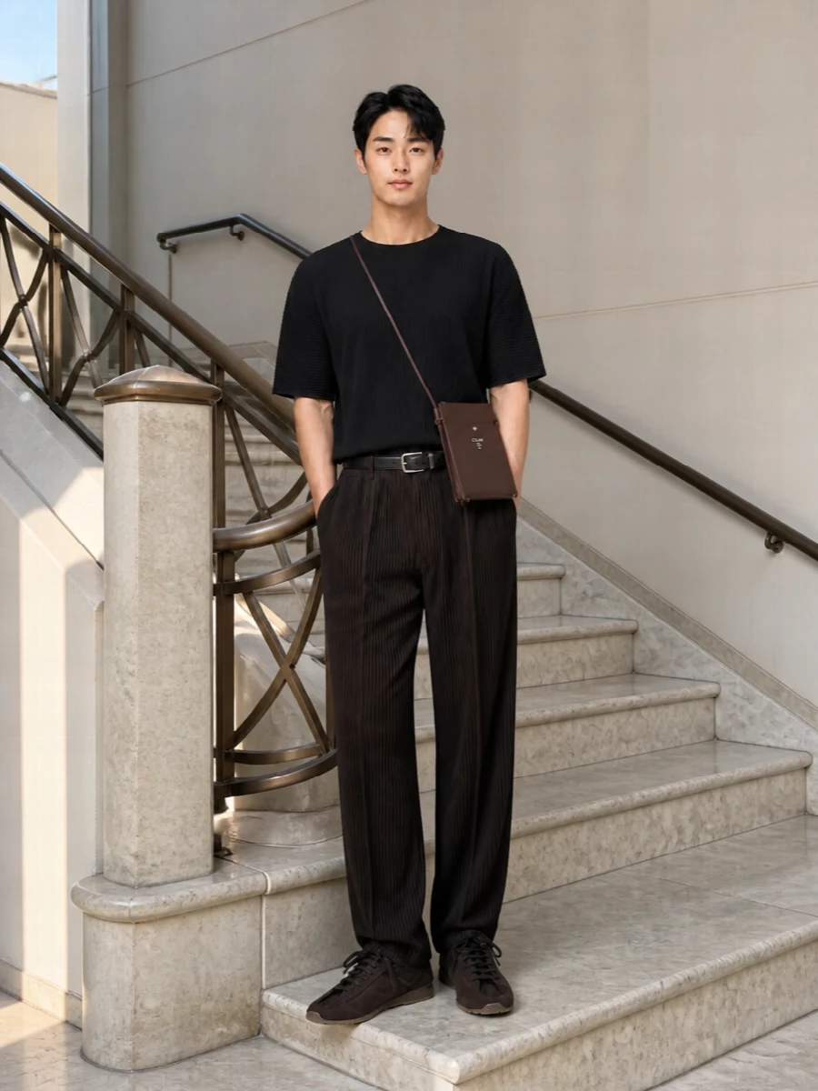 Dark pleats run head to toe, with the black boxy top and chocolate trouser forming a quiet, sculptural column. Tonal brown sneakers and a slim Celine crossbody keep everything soft but precise, while the braided belt gives just enough definition at the waist without breaking the line. It is an easy city uniform that reads thoughtful and modern from day through dinner.