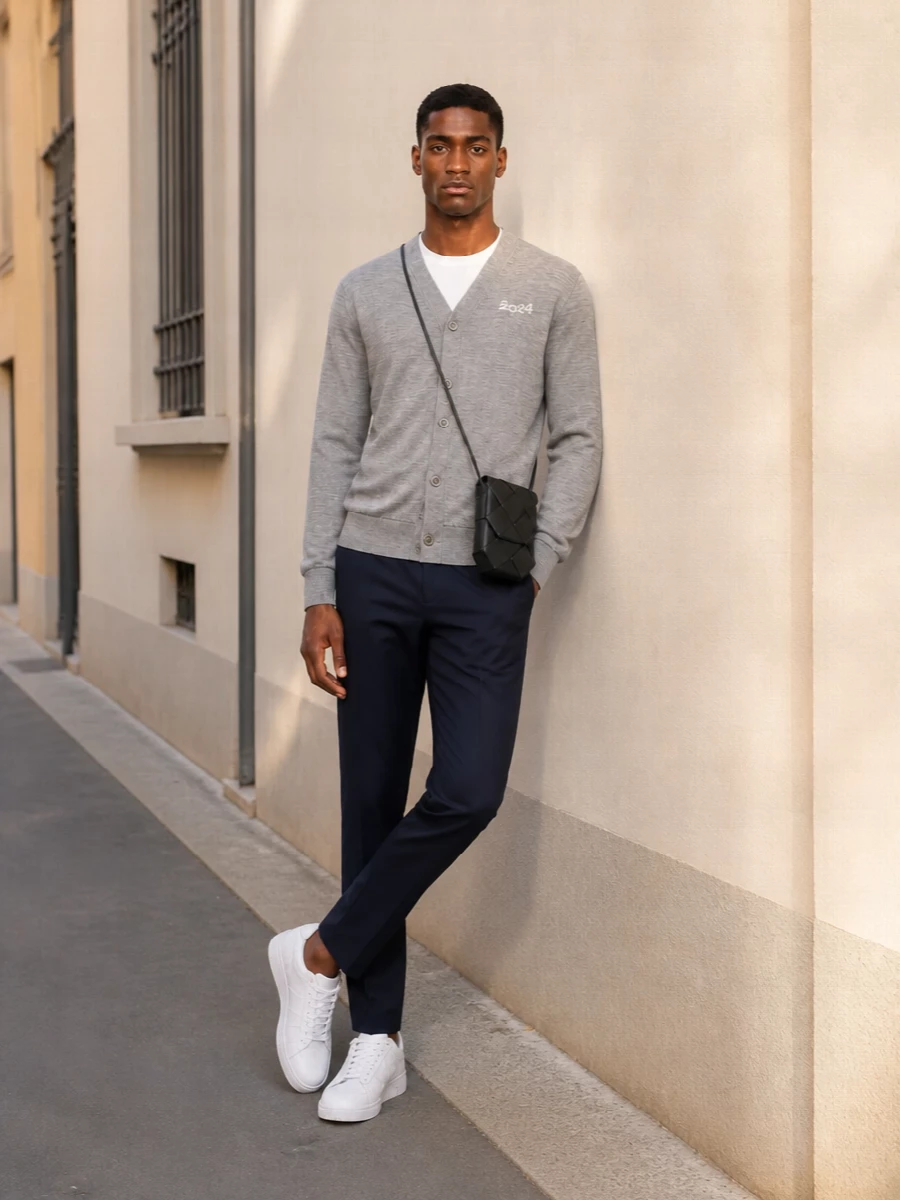Comme cardigan navy trousers sneakers outfit