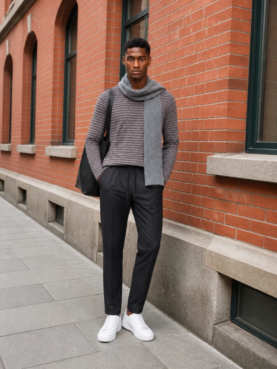 Auralee striped tee herno trousers white sneakers