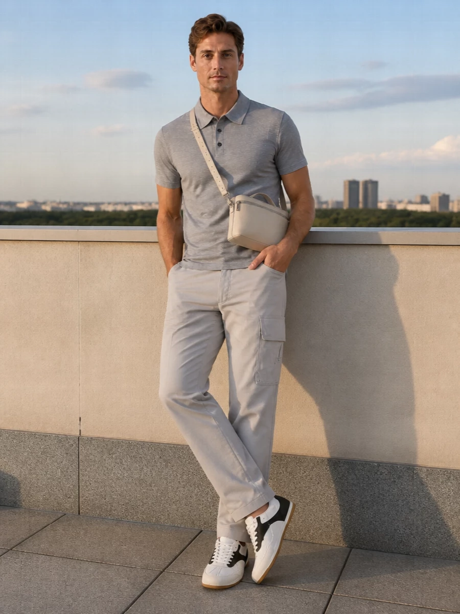 A melange Brioni polo, stone Fendi cargos and off-white Bottega runners create a calm, precise neutral story that still feels ready to move. The straight, easy lines read polished but relaxed, with the soft cream crossbody finishing things in the same quiet register. It is an easy uniform for city days when you want sport in the mix without looking like you came from the gym.