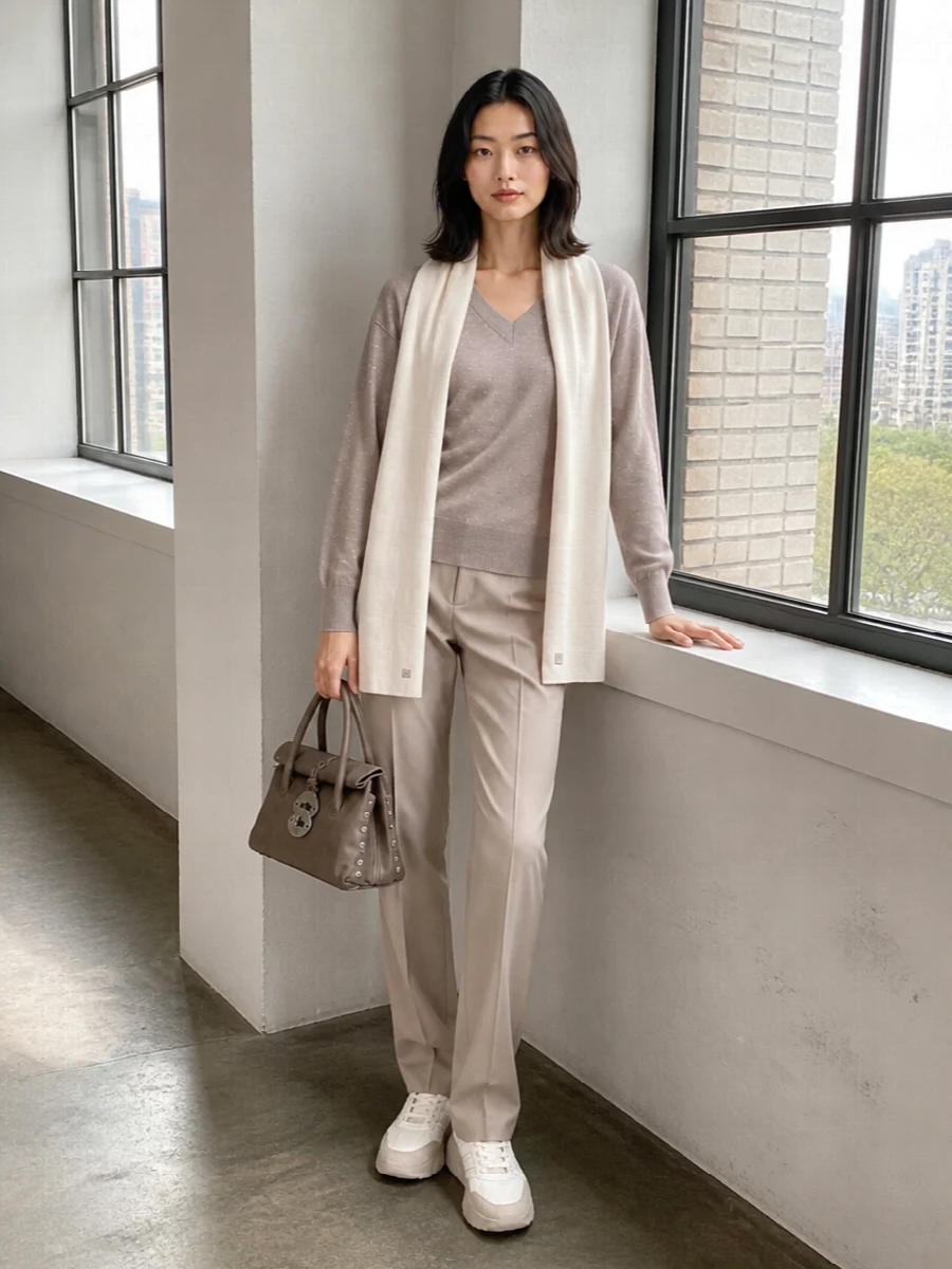 Herno taupe sweater beige tailored trousers outfit