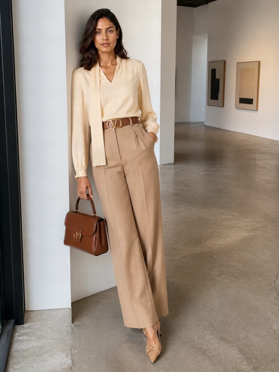 Valentino camel wide leg trousers silk blouse