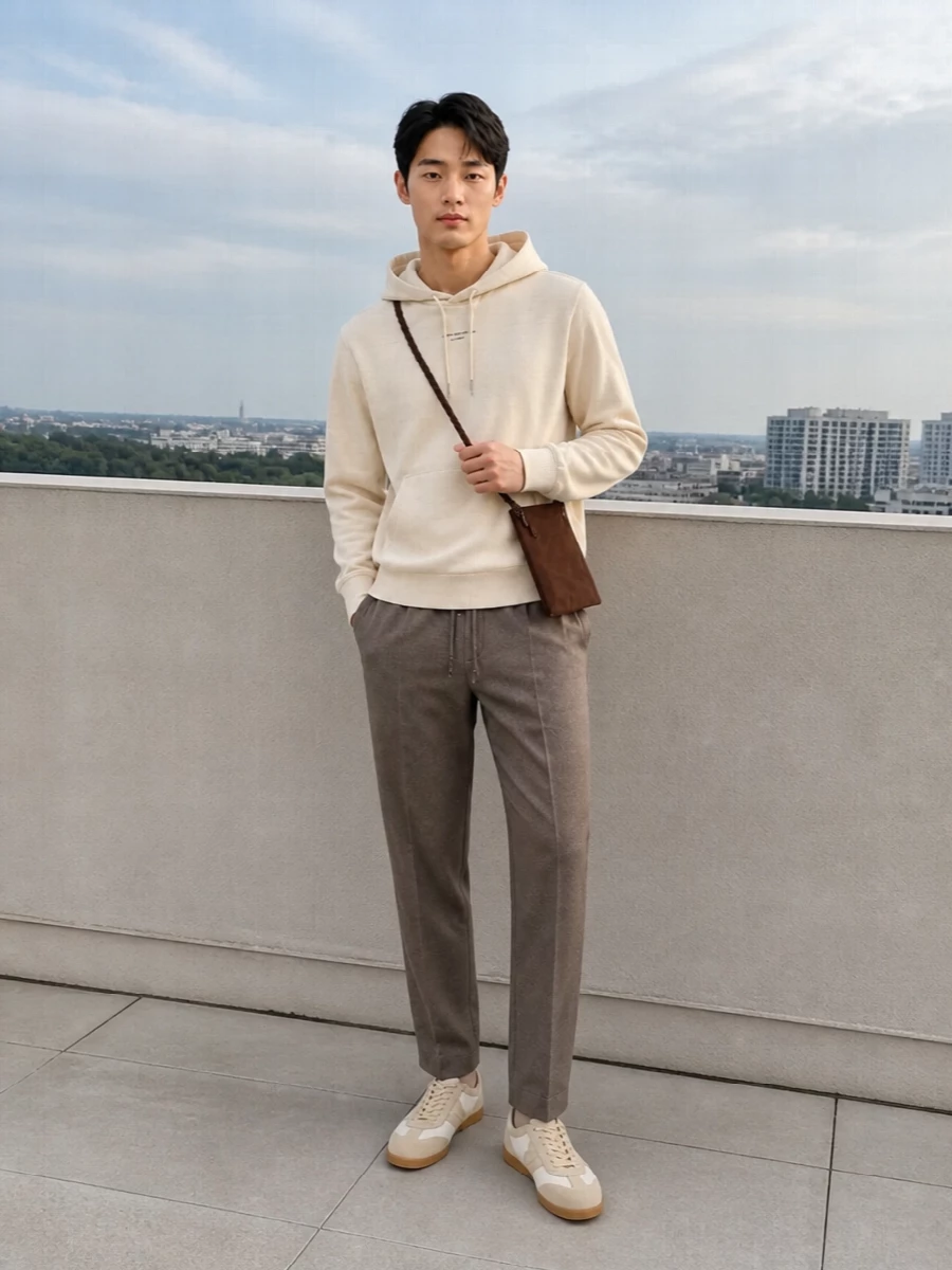 Drole de monsieur taupe trouser cream hoodie outfit