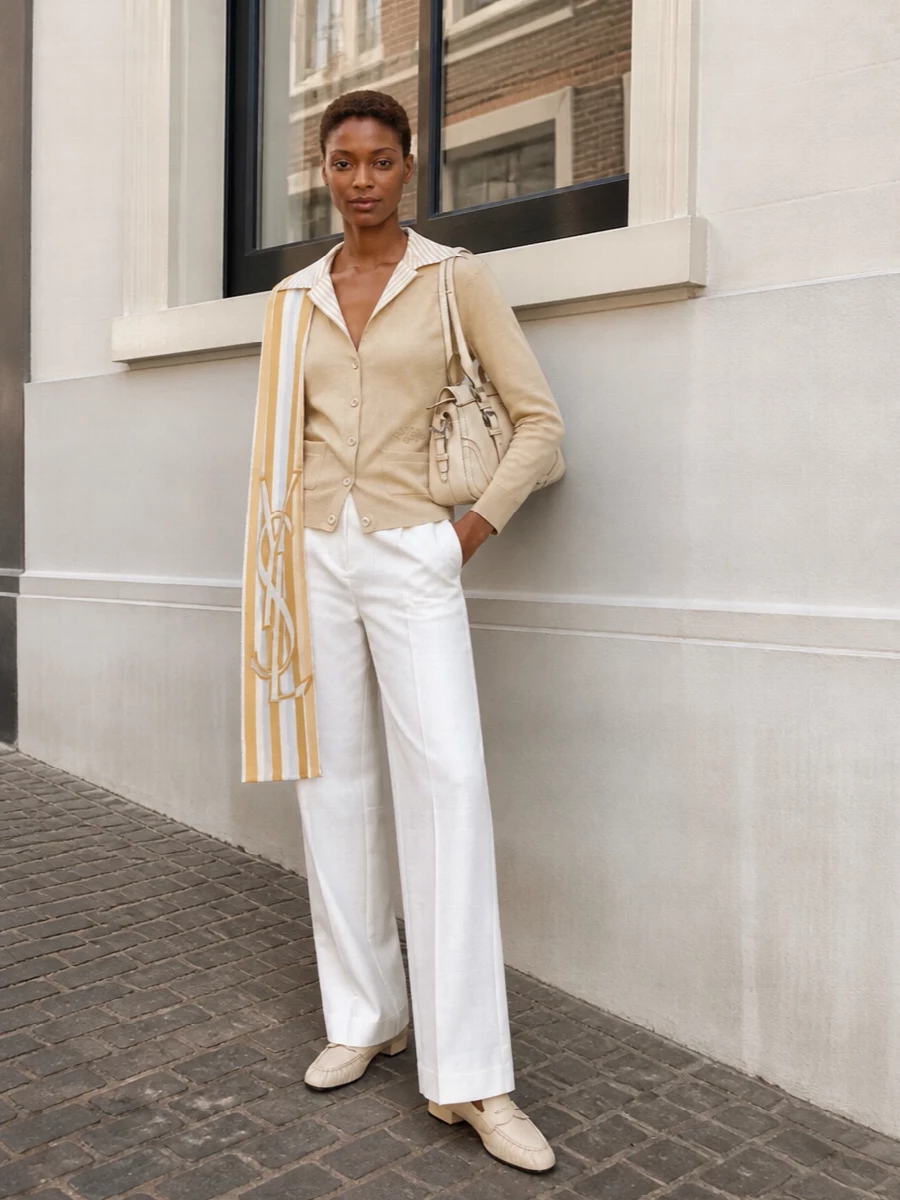 Patou cardigan white wide leg trousers outfit