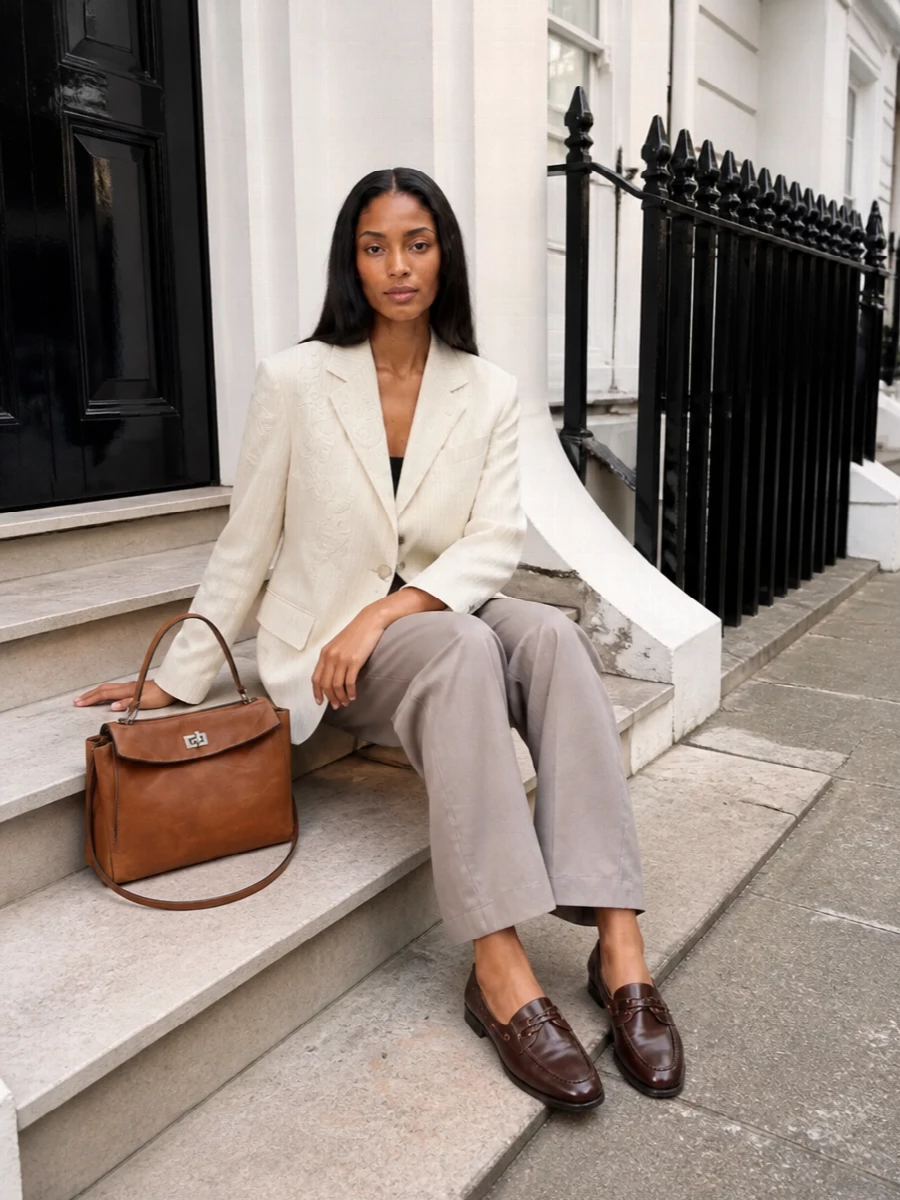 This is a softly structured, boardroom-to-gallery trouser ensemble built around light tailoring and the bag’s rich cognac tone. The ivory Dries blazer and taupe Magda Butrym trouser create a modern, elongated suit line, while the espresso Bally loafers echo the bag’s darker edging for a cohesive, quietly powerful finish. I chose the top-and-bottom path over a dress to keep the silhouette tailored and versatile, in keeping with the source bag’s easy workday polish.