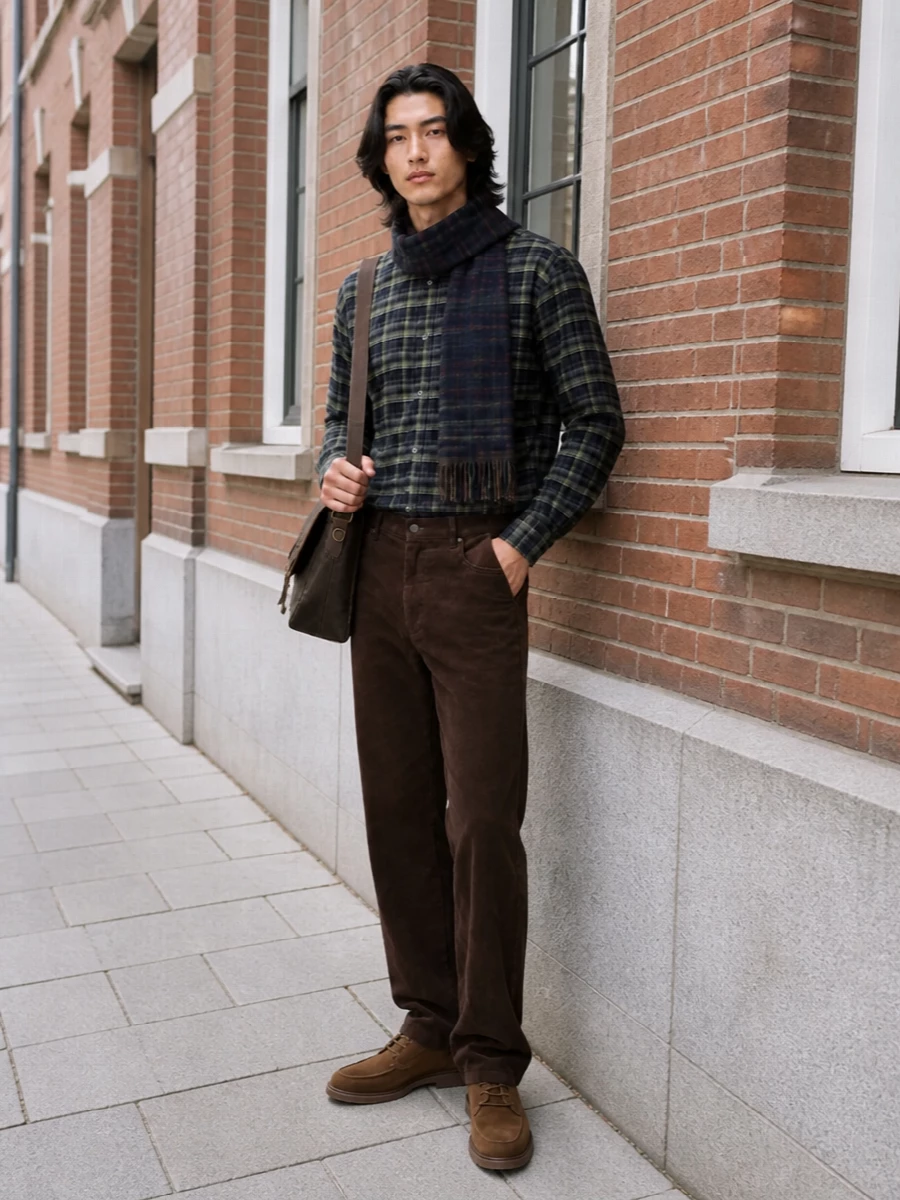Dunst plaid shirt brown cords tods suede boots
