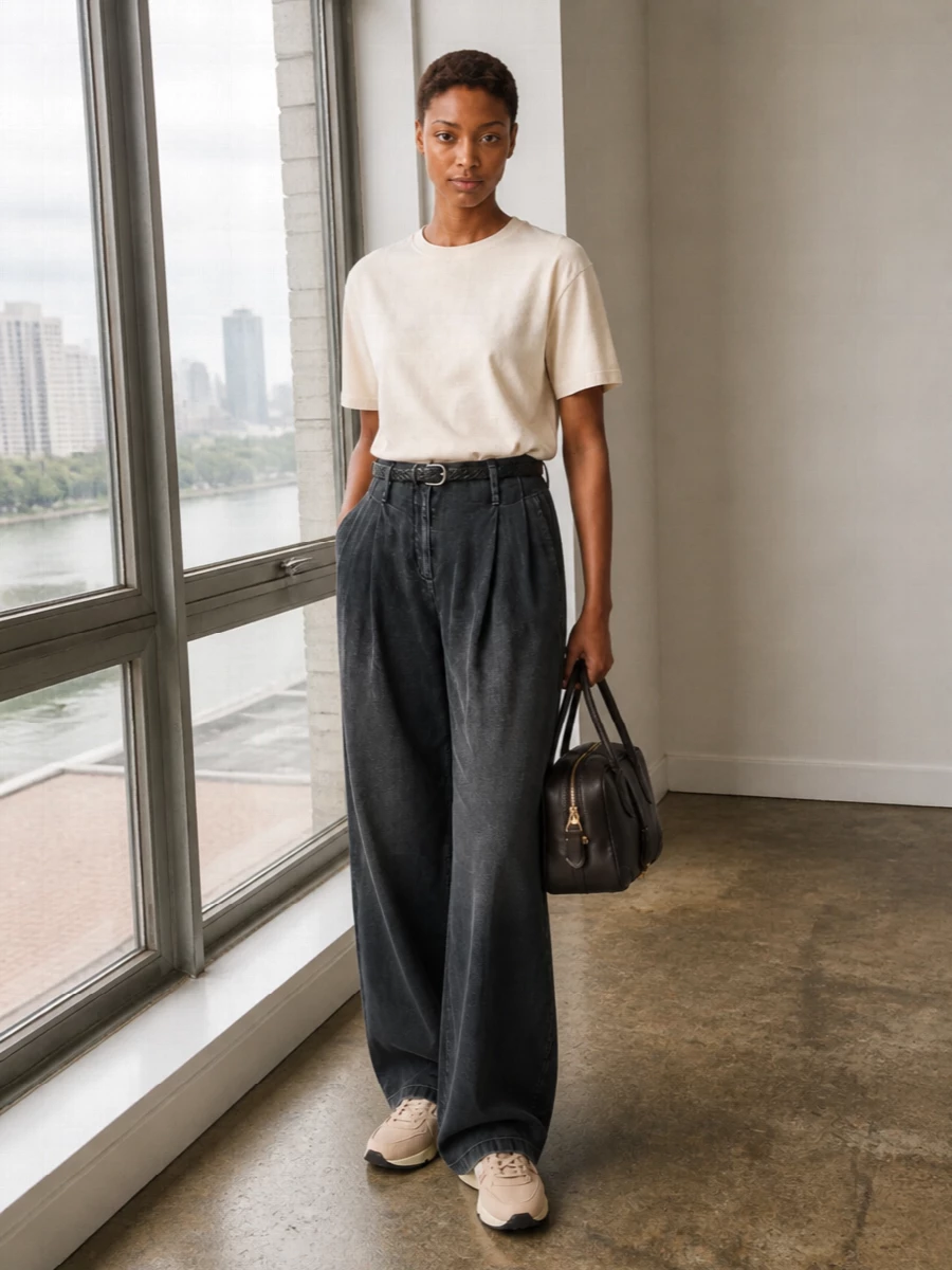 Golden goose buttercream tee charcoal wide leg trouser