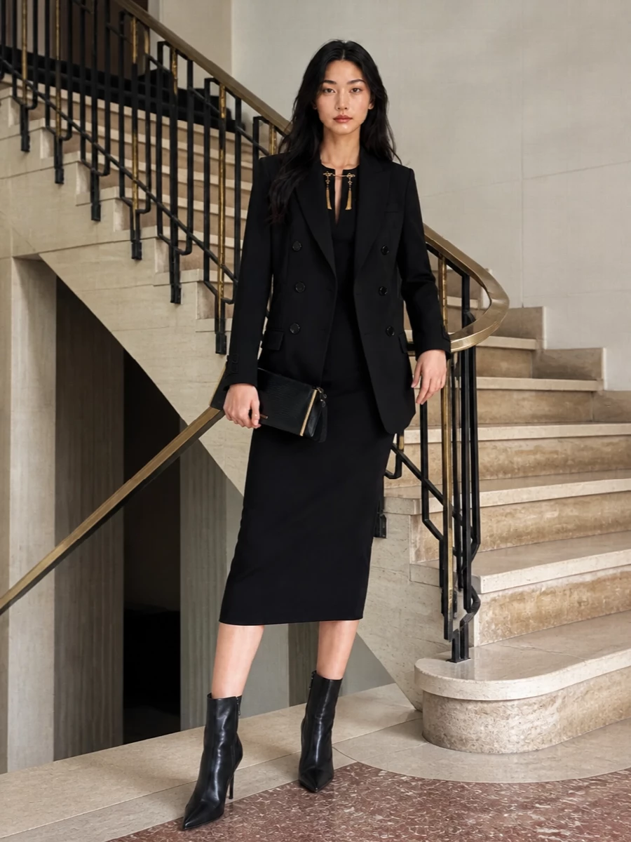 Elisabetta franchi black blazer midi dress outfit