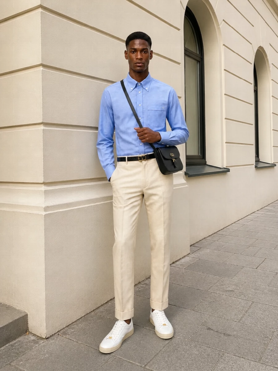 Valentino blue shirt beige trousers sneakers
