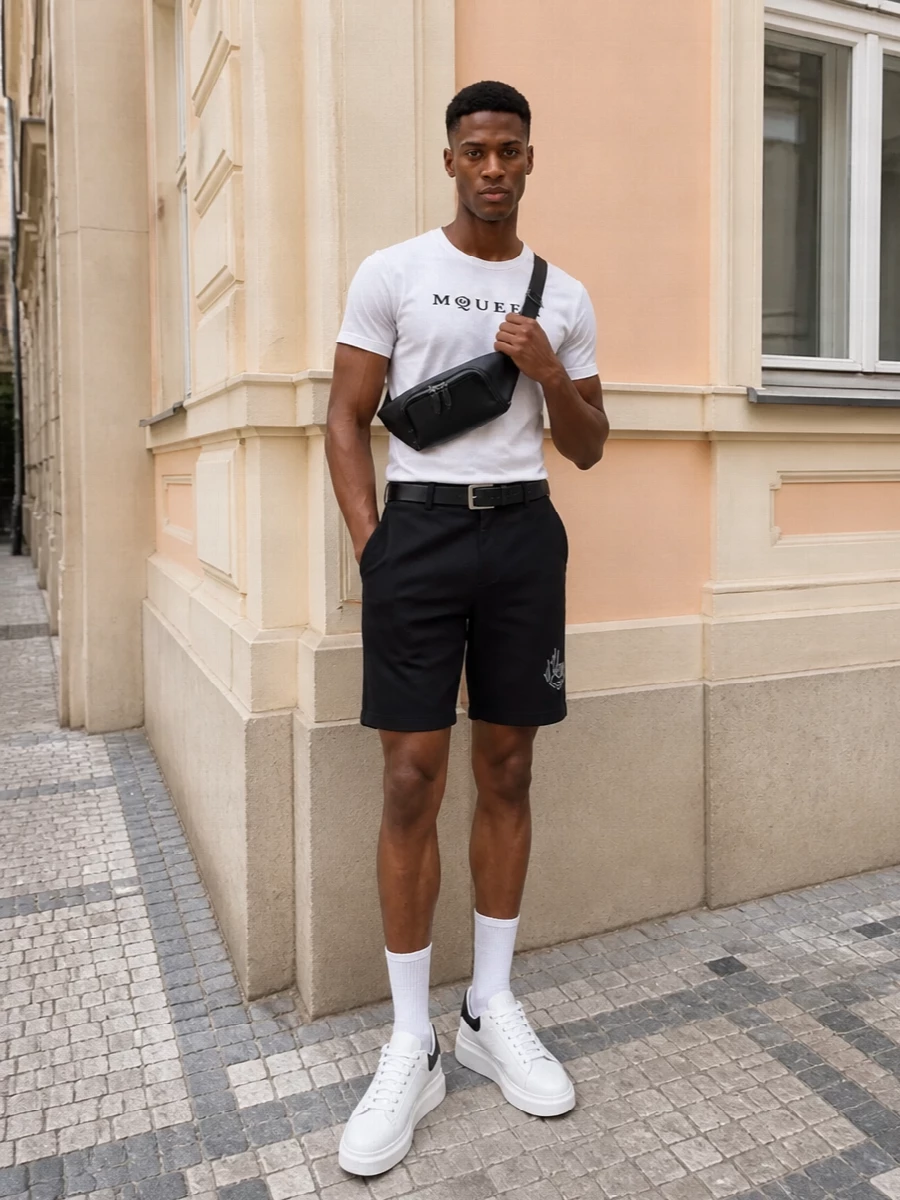 Alexander mcqueen monochrome tshirt shorts outfit