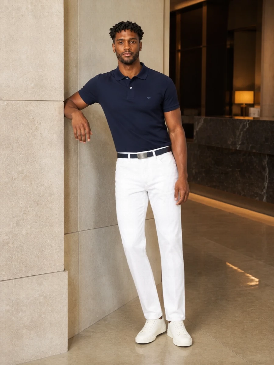 Emporio armani navy polo white jeans outfit