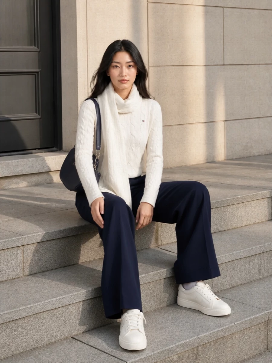 Winter white and navy stay front and center here, giving that clean collegiate energy without feeling too stiff. The cable knit and wide-leg trouser play off each other in texture and proportion, while the off-white sneakers and navy shoulder bag keep everything relaxed but considered for day-to-day city dressing.