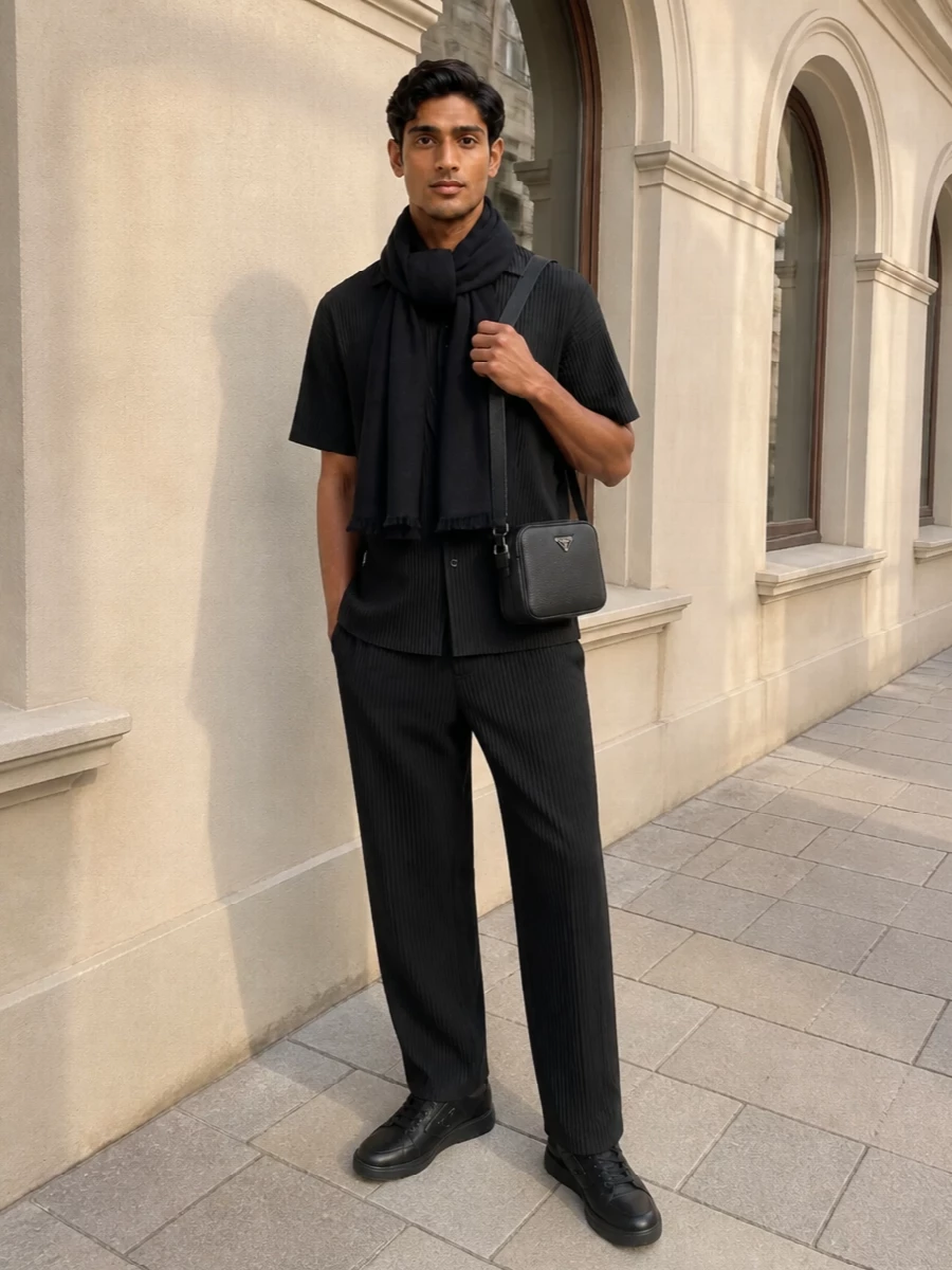 Homme plisse black pleated outfit prada sneakers
