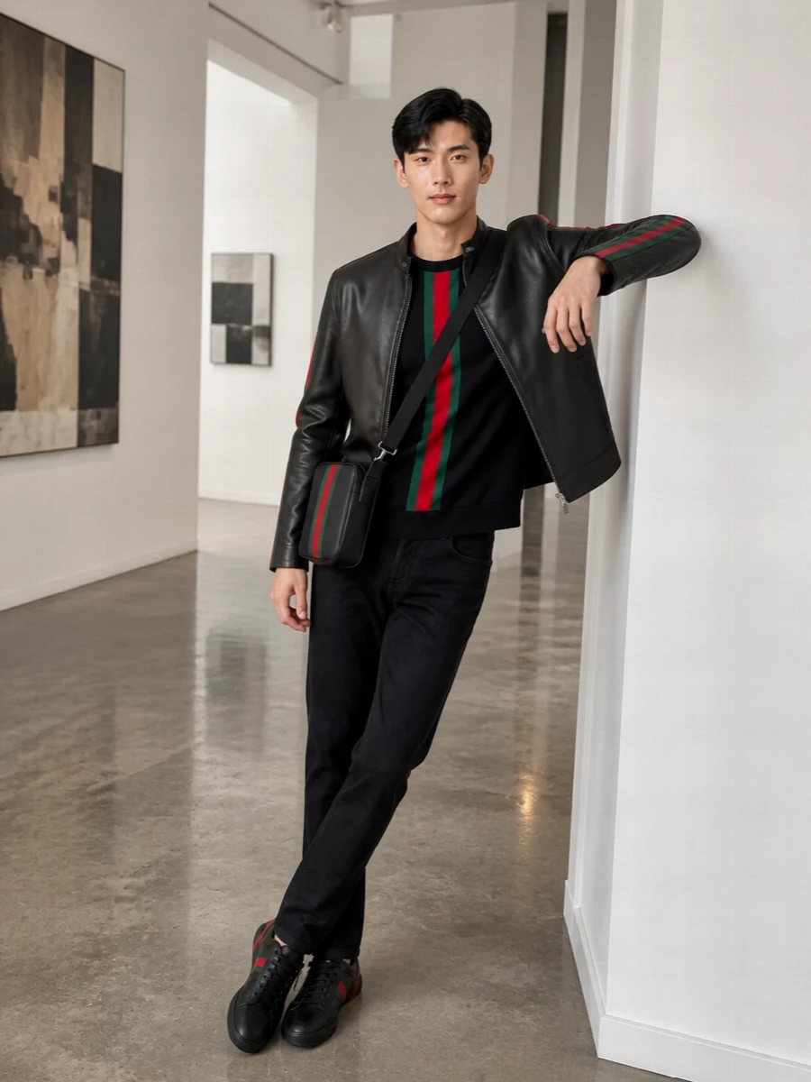 Gucci black leather jacket stripe knit outfit